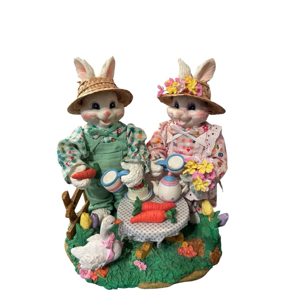 Fabric Mache‎ Spring Bunnies Easter Handcrafted Decor Figurine 8.25" Tall